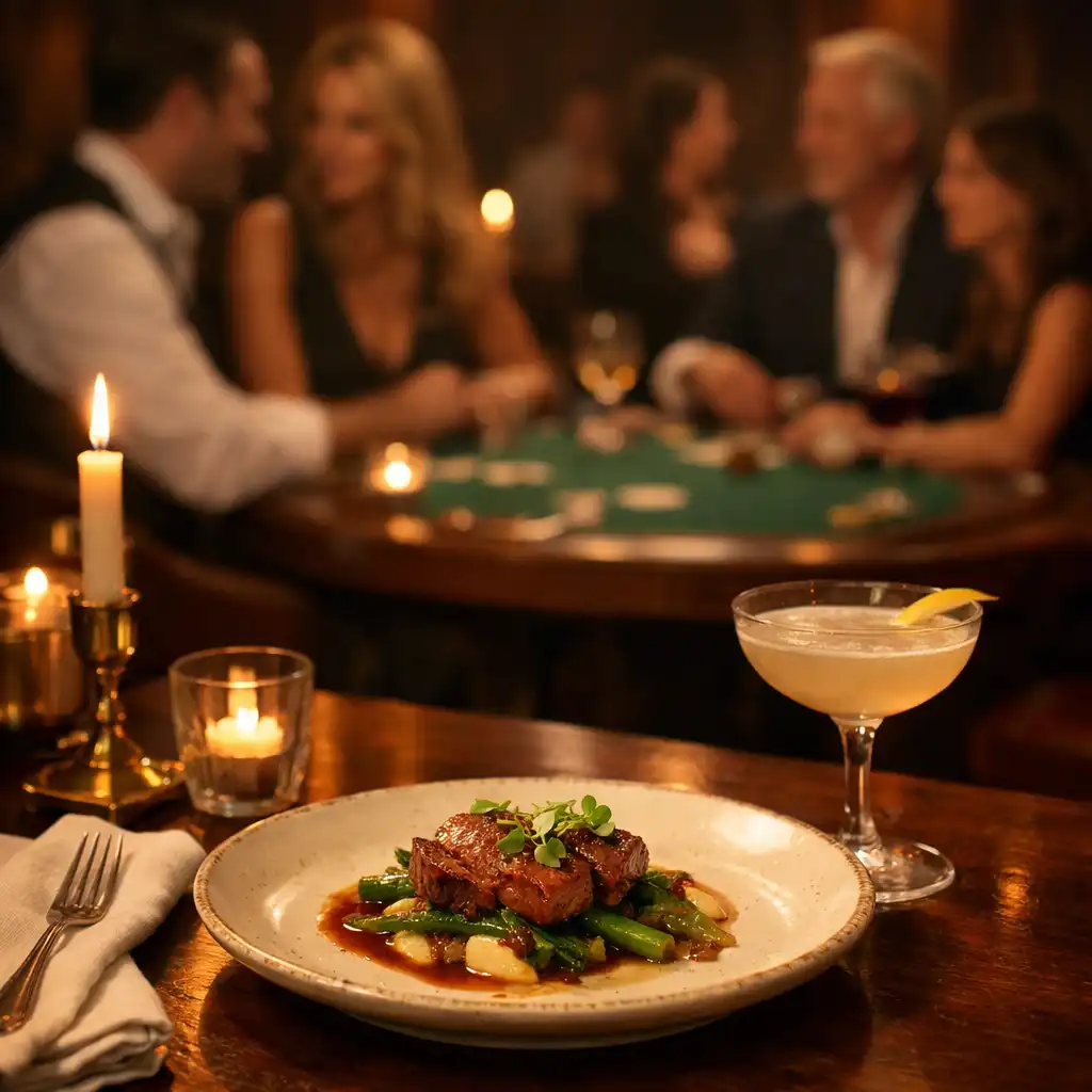 Późna kolacja i koktajl na stole restauracyjnym, z rozmytym stołem pokerowym w tle