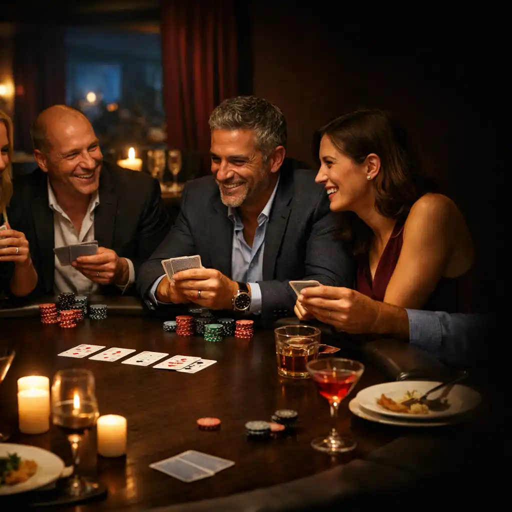 Dorośli goście rozmawiają przy ciemnym stole w kameralnym Poker Lounge po kolacji