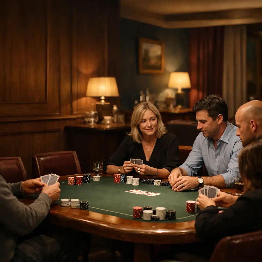 Dorośli goście przy fizycznym stole pokerowym w kameralnym Poker Lounge