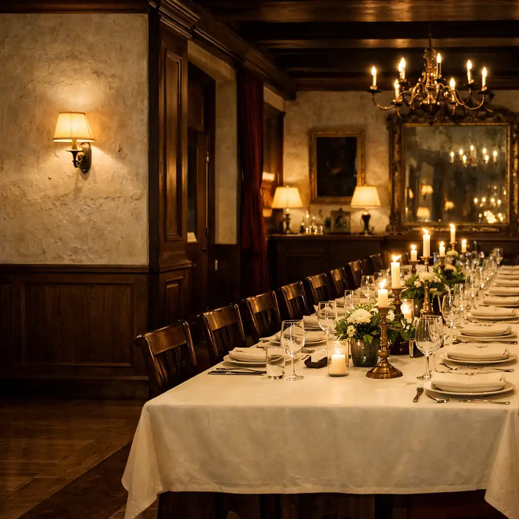 Wieczorne wnętrze restauracji z długim stołem, lustrami i ciepłym światłem