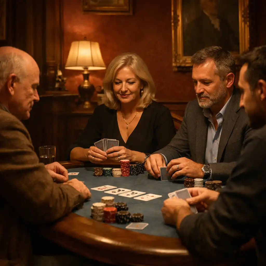 Goście rozmawiający przy fizycznym stole pokerowym w Poker Lounge