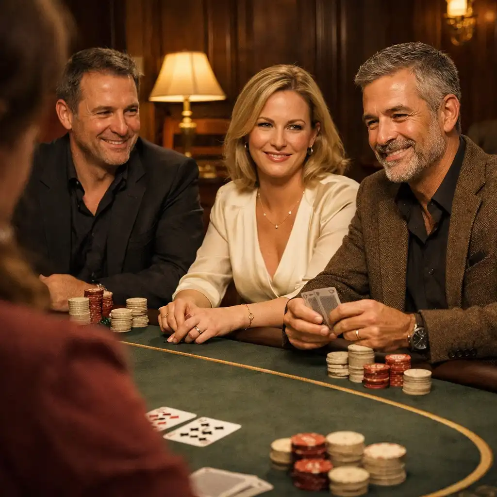 Troje dorosłych gości prowadzących rozmowę przy stole pokerowym