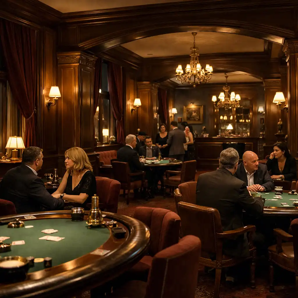 Szerokie wnętrze Poker Lounge z dorosłymi gośćmi przy stołach w ciepłym świetle