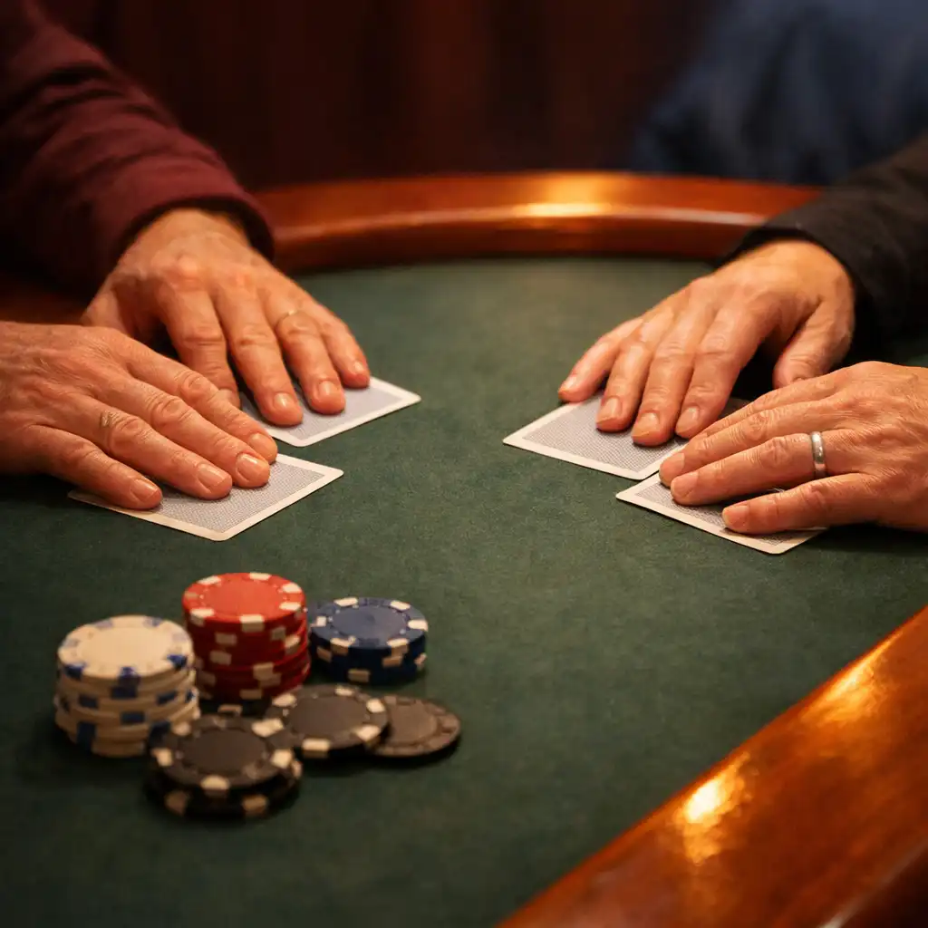 Dłonie dorosłych osób przy fizycznym stole pokerowym w ciepłym świetle