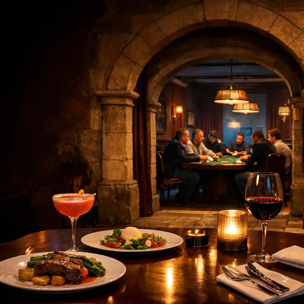 Wieczorna scena restauracyjnego stołu i kameralnego Poker Lounge w Wieczornym Dworze