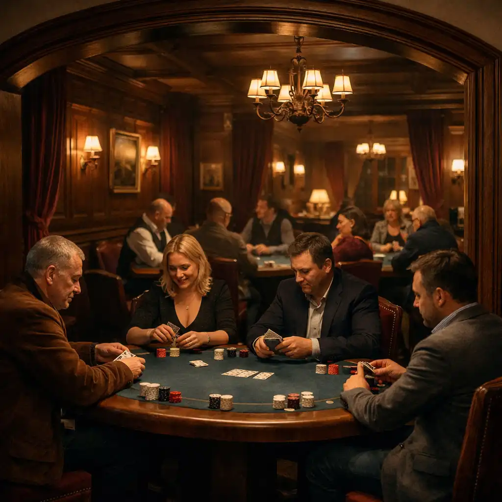 Goście rozmawiający przy fizycznych stołach pokerowych w kameralnym Poker Lounge