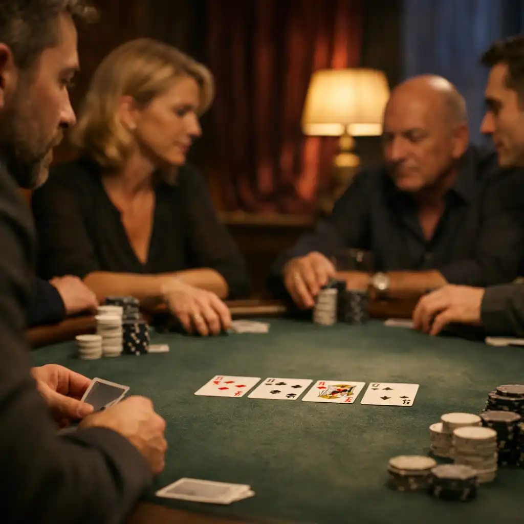 Goście przy fizycznym stole pokerowym w Poker Lounge Wieczornego Dworu podczas wieczoru pokerowego