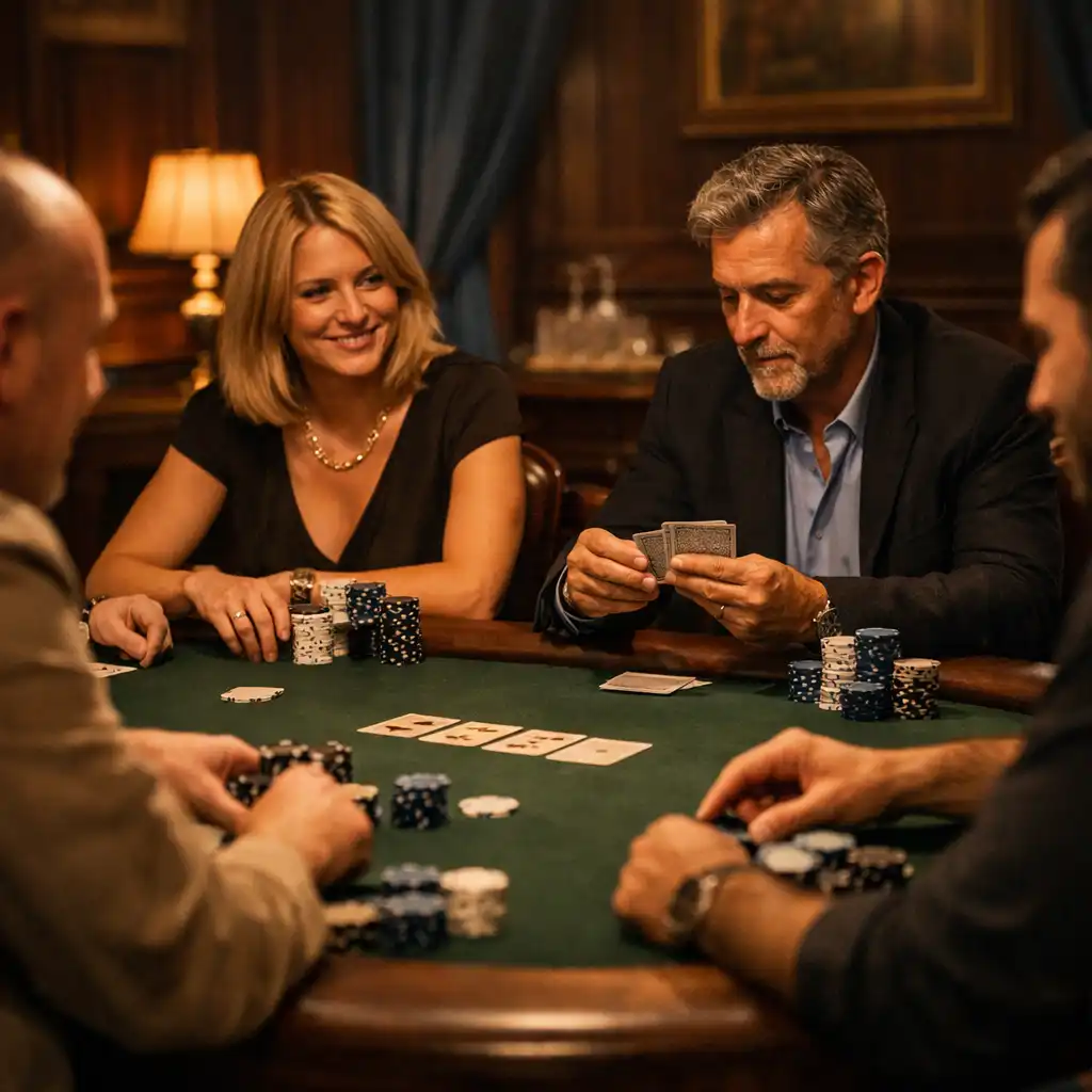 Goście przy fizycznym stole pokerowym w Poker Lounge