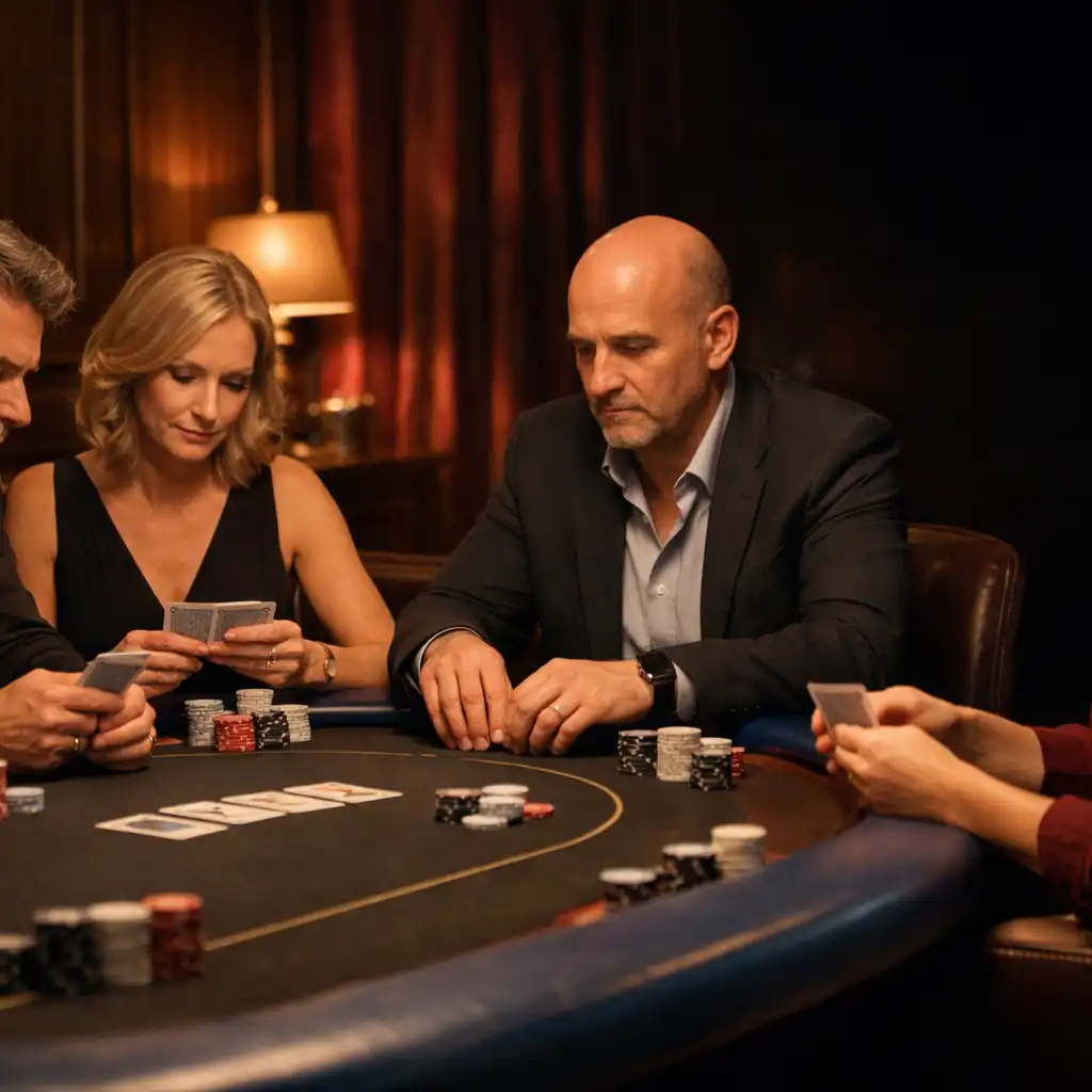 Dorośli goście przy fizycznym stole pokerowym w kameralnym Poker Lounge