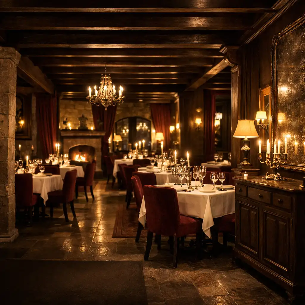 Ciepło oświetlona główna sala restauracji Wieczorny Dwór