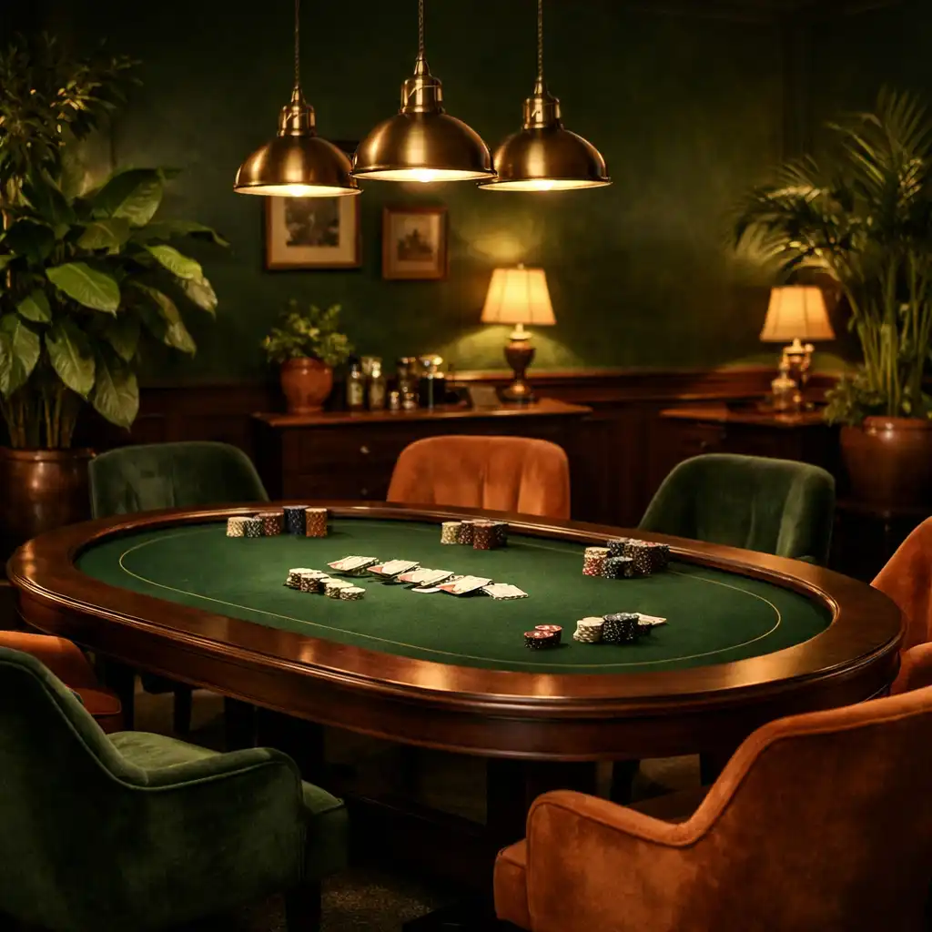Intérieur du Poker Salon d'Atelier Roseraie avec table de poker ovale, murs vert forêt et plantes luxuriantes
