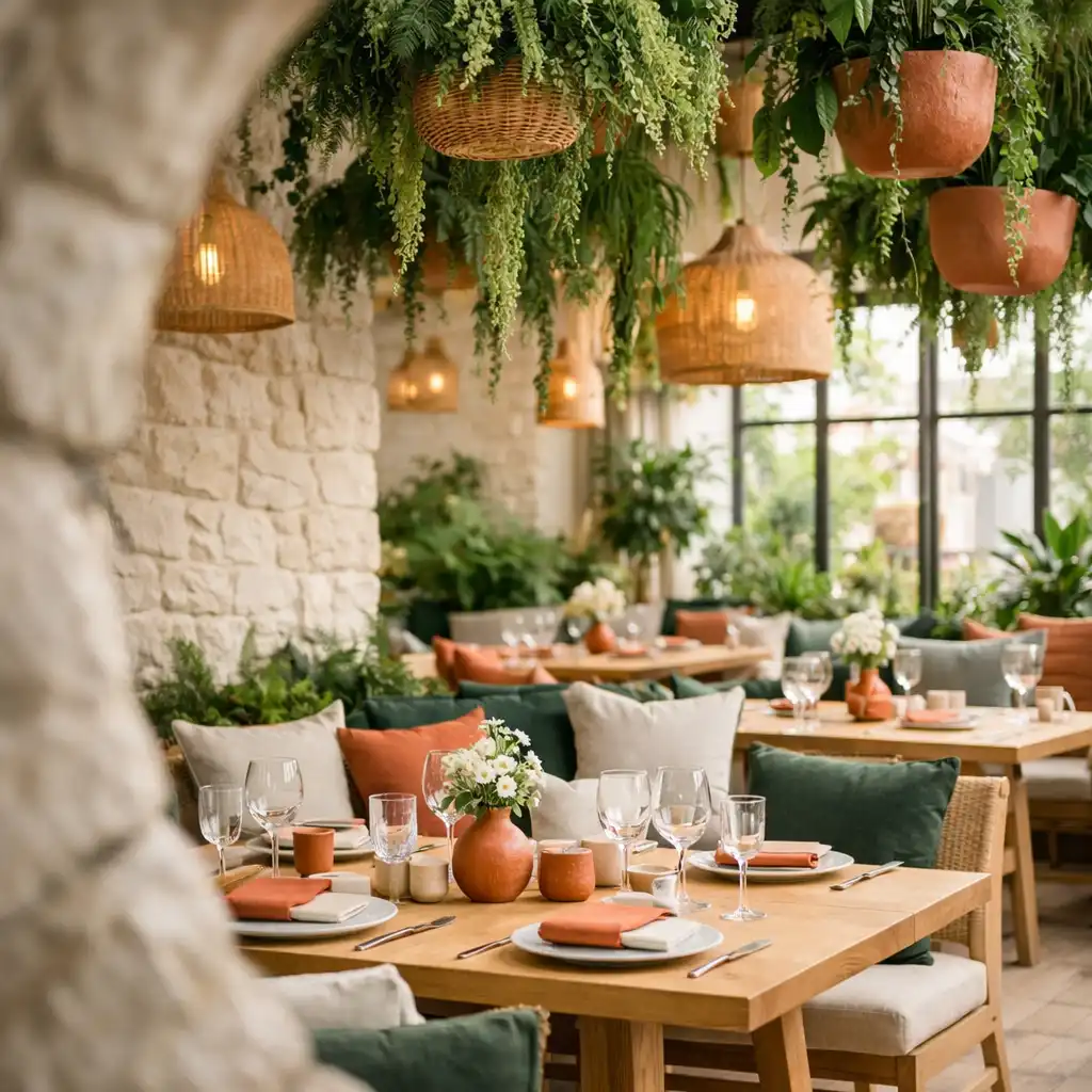 Intérieur du restaurant-jardin avec plantes suspendues et tables en bois clair