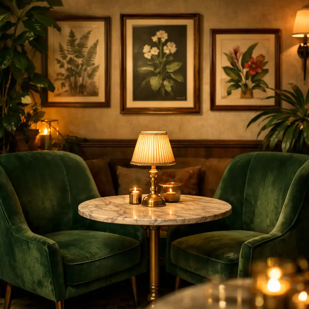 Coin salon avec fauteuils en velours vert, table en marbre et lampe en laiton