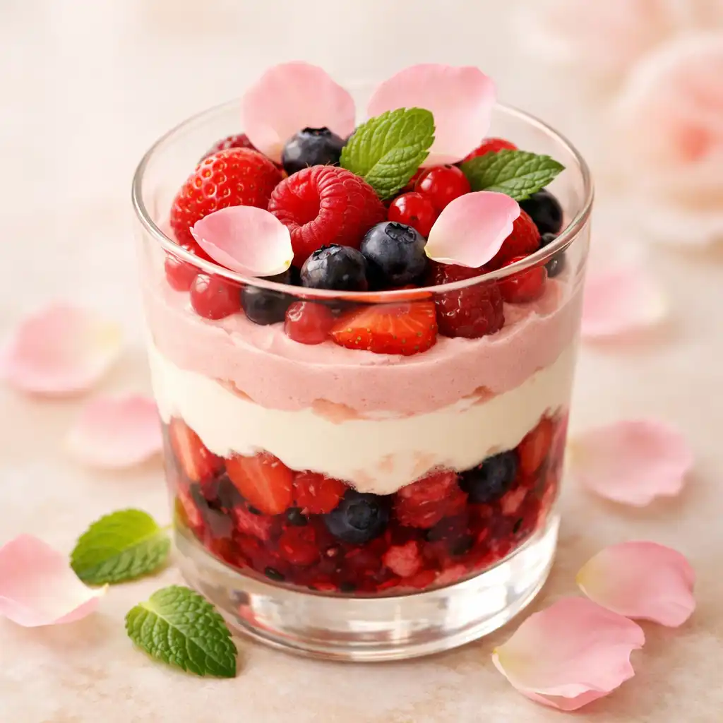 Dessert élégant aux fruits rouges et crème dans un verre transparent