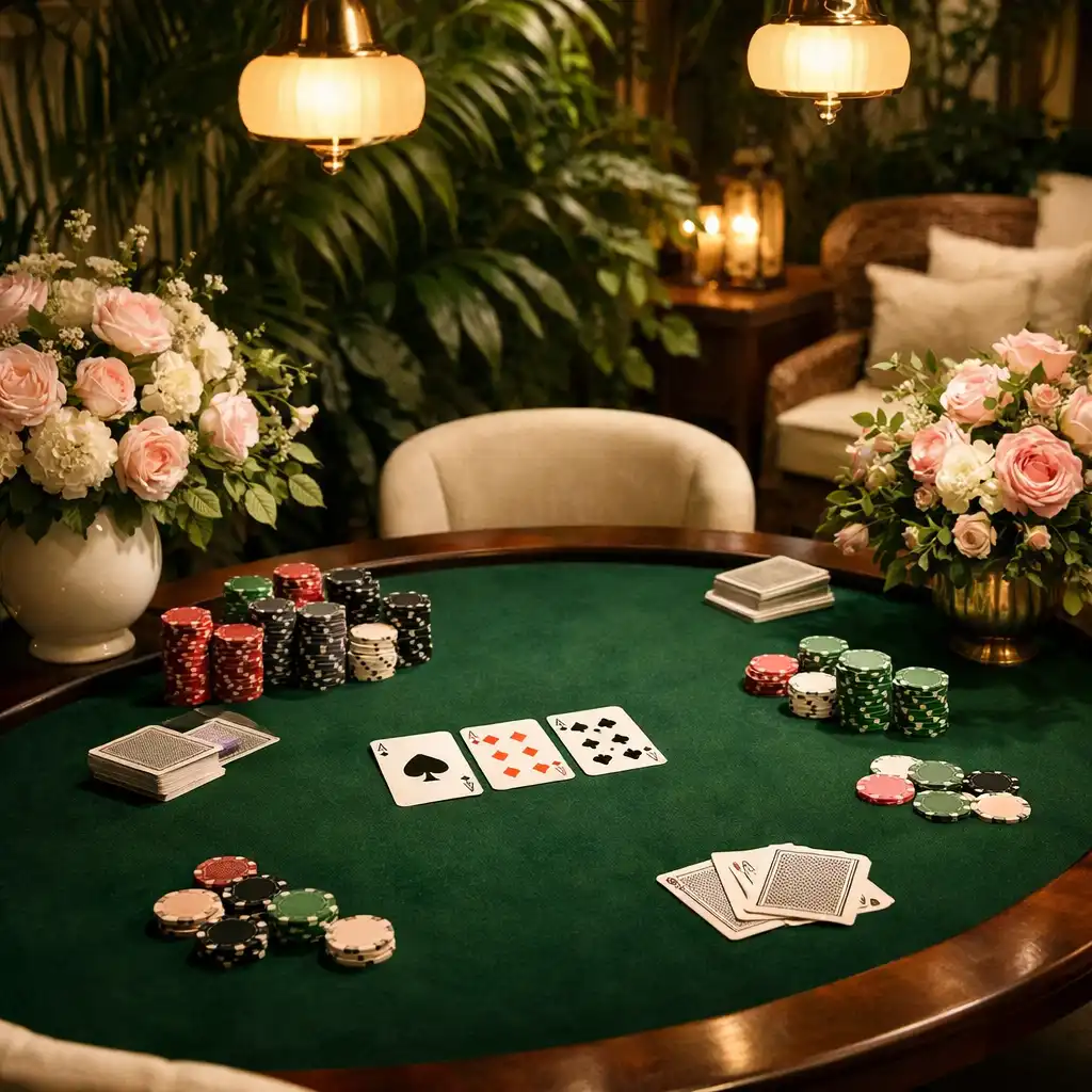 Table de Texas Hold’em élégante dans un salon au décor végétal luxuriant